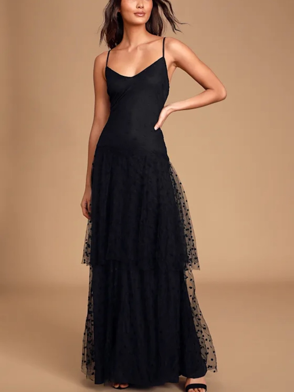 Lulu's Caress Black Polka Dot Tiered Sleeveless Maxi Dress formal, hoco, prom